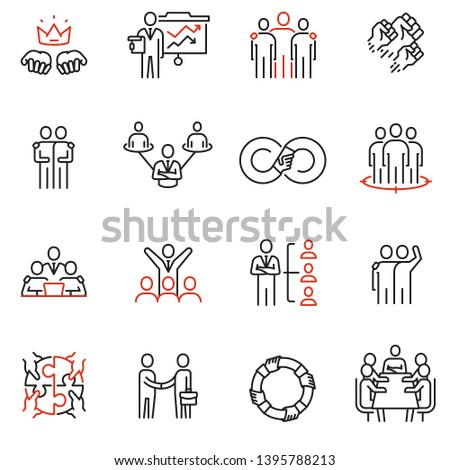 Vector set of 16 linear quality icons related to team work, human resources, business interaction. Mono line pictograms and infographics design elements - part 3