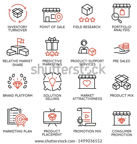 Vector set of linear icons related to business management process, advertising promotion and marketing. Mono line pictograms and infographics design elements -