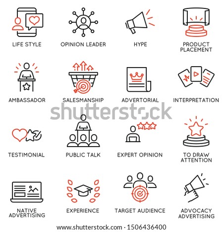 Vector set of linear icons related to business management process, advertising promotion and marketing. Mono line pictograms and infographics design elements - 11