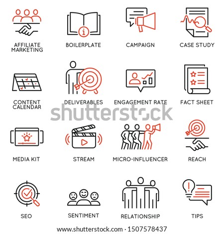 Vector set of linear icons related to business management process, advertising promotion and marketing. Mono line pictograms and infographics design elements - 12