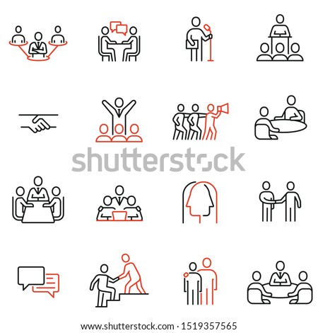 Vector set of linear icons related to engagement, discussion, persuasiveness. Mono line pictograms and infographics design elements