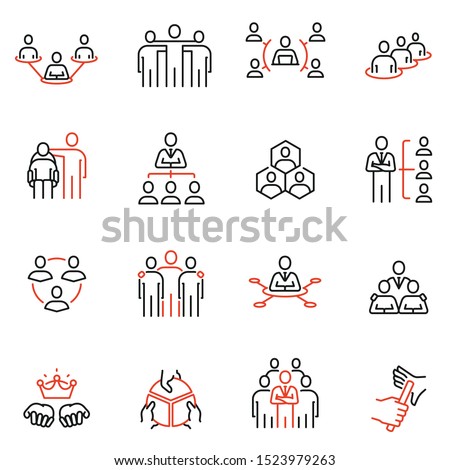 Vector set of linear icons related to Company Organization Structure, Human Resource Management and Succession. Mono line pictograms and infographics design elements