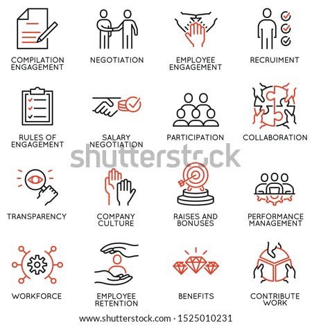 Vector set of linear icons related to engagement employee. Mono line pictograms and infographics design elements 