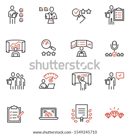 Vector set of linear icons related to analytics, data processing and conclusion. Auditor, analyst, commentator and expertise. Mono line pictograms and infographics design elements