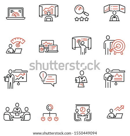 Vector Set of Linear Icons Related to Strategy Management System and Balanced Scorecard. Data Analysis and Development Statistics. Mono Line Pictograms and Infographics Design Elements