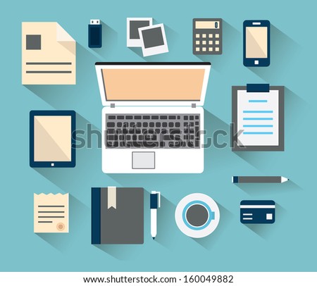 Workplace with mobile devices and documents. Flat style with long shadows - vector illustration