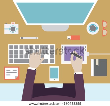 Workplace of designer with devices for work. Flat style - vector illustration