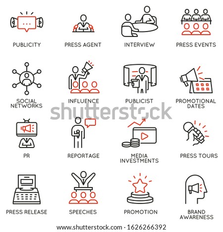 Vector set of linear icons related to public relations, review, journalism, online news. Mono line pictograms and infographics design elements