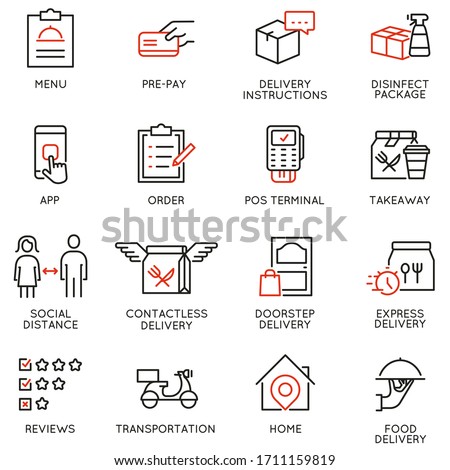 Vector Set of Linear Icons Related to Contactless Delivery Process. Mono line pictograms and infographics design elements 