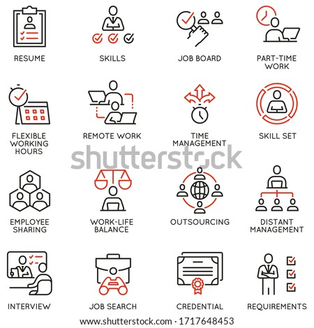 Vector Set of Linear Icons Related to Remote Work from Home, Freelance Worker with Laptop, Workspace, Online Job. Mono Line Pictograms and Infographics Design Elements 