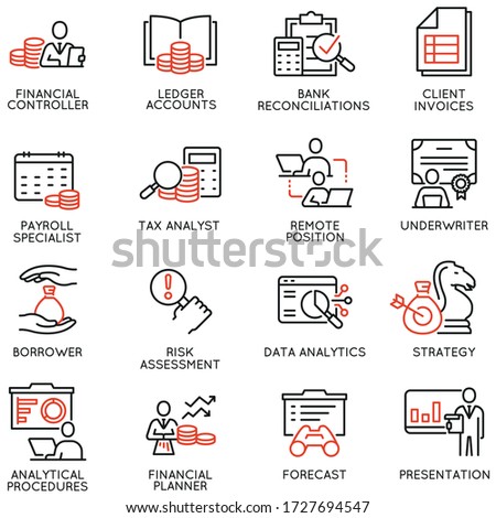 Vector Set of Linear Icons Related to Report, Current Accounting and Finance Jobs. Mono Line Pictograms and Infographics Design Elements 