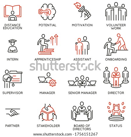 Vector Set of Linear Icons Related to career ladder, empowerment leadership development and progress. Mono Line Pictograms and Infographics Design Elements