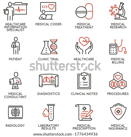 Vector Set of Linear Icons Related to Health Information Management, 
Clinical Coder. Mono Line Pictograms and Infographics Design Elements