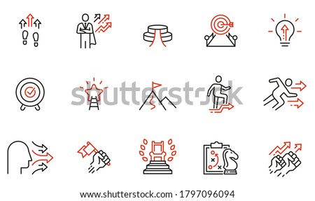 Vector set of linear icons related to assertiveness, striving for development, realization and progress. Mono line pictograms and infographics design elements