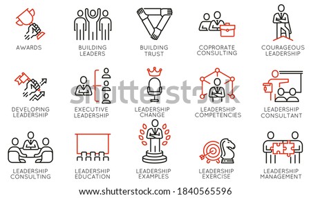 Vector Set of Linear Icons Related to Leadership Development, Categories, Executive and Education. Mono Line Pictograms and Infographics Design Elements 