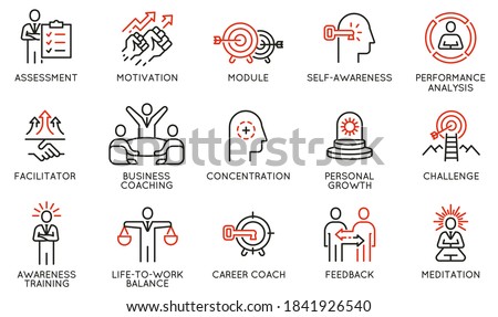 Vector Set of Linear Icons Related to Coaching, Career Development and Striving for Self-Realization. Mono Line Pictograms and Infographics Design Elements 