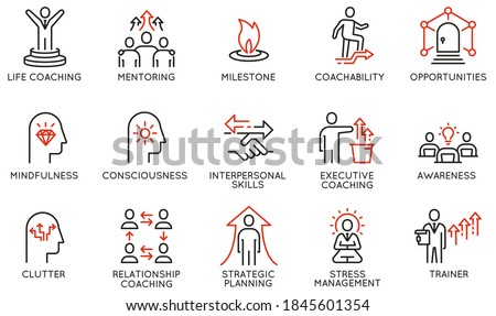 Vector Set of Linear Icons Related to Coaching, Career Development and Striving for Self-Realization. Mono Line Pictograms and Infographics Design Elements - part 2