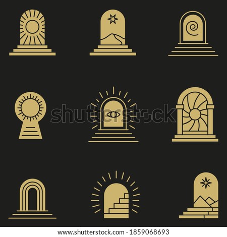 Set of Sign Related to Door, Portal, Opening, Exit, Entrance and Beginning. Vector abstract symbols and logos