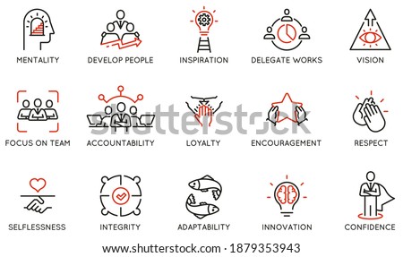 Vector Set of Linear Icons Related to Leadership Traits, Qualities for Success. Development and Teamwork. Mono Line Pictograms and Infographics Design Elements - part 1