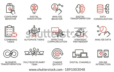 Vector Set of Linear Icons Related to Automation, Convenience of Purchasing Products, Business and Digital Transformation. Mono Line Pictograms and Infographics Design Elements