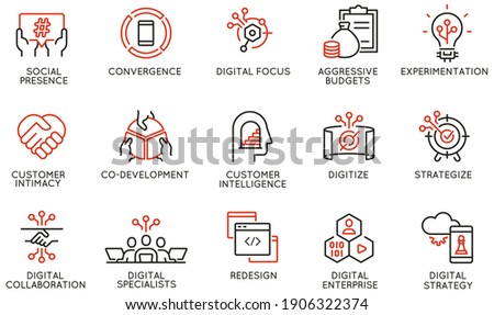 Vector Set of Linear Icons Related to Business Process Automation, Implementation of Innovative Business Models and Digital Transformation. Mono Line Pictograms and Infographics Design Elements