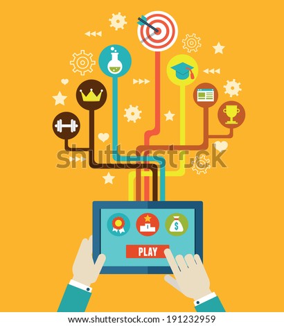 Concept management of business by gamification. Integration and development. Interaction and growth of personal qualities - vector illustration 