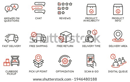 Vector Set of Linear Icons Related to Shipping and Express Delivery Process, Convenience of Purchasing Products and Digital Transformation. Mono line pictograms and infographics design elements