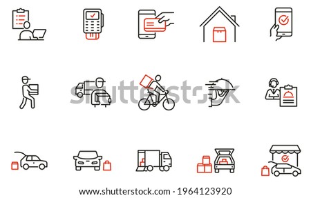 Vector Set of Linear Icons Related to Express Delivery Process, Delivery Home, Contactless and Order Curbside Pickup Online. Mono line pictograms and infographics design elements