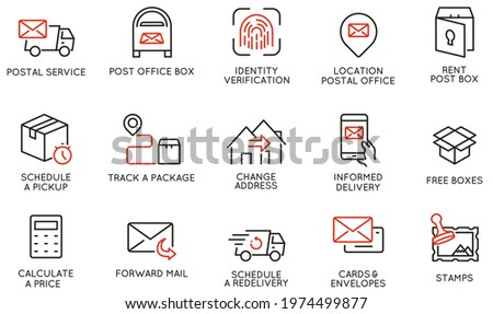 Vector Set of Linear Icons Related to Address Change Post Office and Postal Service. Mono Line Pictograms and Infographics Design Elements