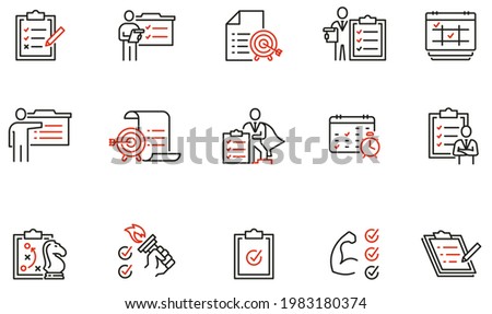 Vector Set of Linear Icons Related to checklist, motivation, training. Striving to achieve success and the set goal. Mono Line Pictograms and Infographics Design Elements