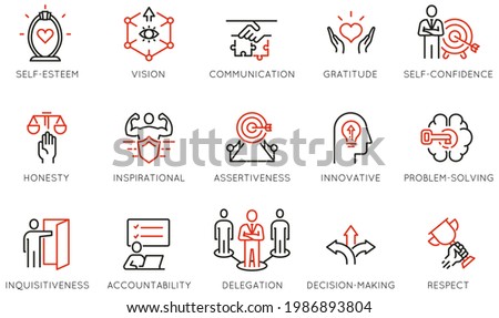 Vector Set of Linear Icons Related to Leadership Traits, Qualities for Success. Development and Teamwork. Mono Line Pictograms and Infographics Design Elements - part 5
