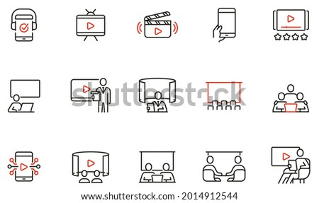 Vector Set of Linear Icons Related to Video Content, Media Product and Joint Viewing. Mono Line Pictograms and Infographics Design Elements