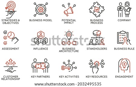 Vector Set of Linear Icons Related to Business Processes, Interaction, Partnership and Management. Mono Line Pictograms and Infographics Design Elements