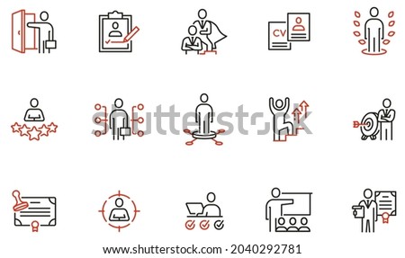 Vector Set of Linear Icons Related to Recruitment, Career Progress, Personal Development, Striving for Success, Motivation and Training. Mono Line Pictograms and Infographics Design Elements 