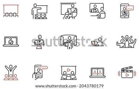 Vector Set of Linear Icons Related to Online Seminar, Virtual Conference, Webinar and Presentation. Sharing Ideas Using Video Applications. Mono Line Pictograms and Infographics Design Elements 