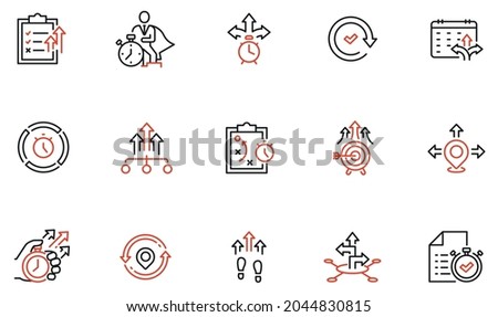 Vector Set of Linear Icons Related to Progress, Personal Development, Motivation, Direction and Time Management. Mono Line Pictograms and Infographics Design Elements 