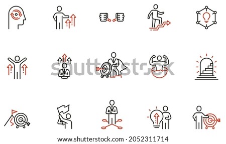 Vector set of linear icons related to assertiveness, striving for development, self-realization and career progress. Mono line pictograms and infographics design elements
 Stock foto © 