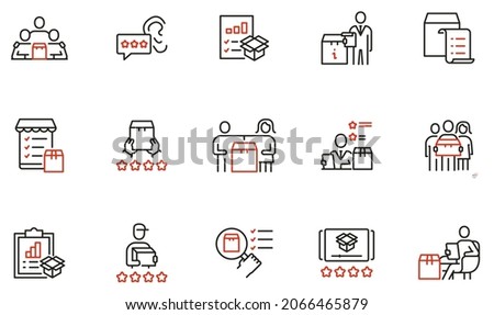 Vector set of linear icons related to Customer Review, Expert Opinion and User Report. Mono line pictograms and infographics design elements