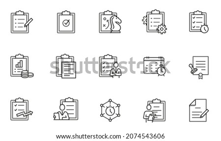 Vector set of linear icons related to checklist, calendar, appointment, planning and time management. Mono line pictograms and infographics design elements with shadows