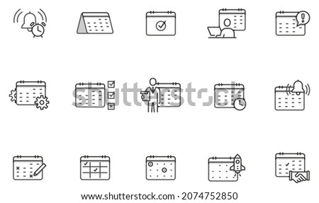 Vector set of linear icons related to calendar, appointment, planning, time management and scheduled tasks. Mono line pictograms and infographics design elements with shadows
