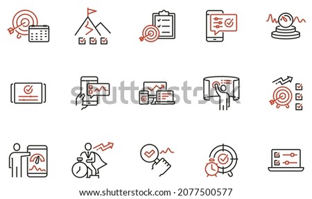 Vector set of linear icons related to productivity time, task management, dashboards of apps, work progress and performance indicators. Mono line pictograms and infographics design elements 