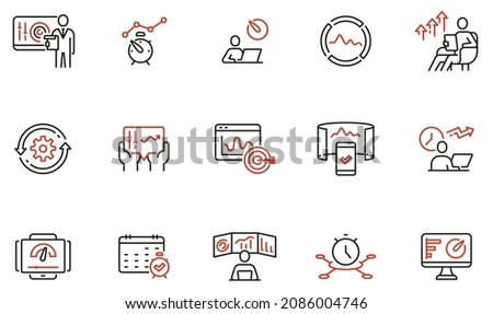 Vector set of linear icons related to productivity time, task management, dashboards of apps, work progress and performance indicators. Mono line pictograms and infographics design elements - part 2 ストックフォト © 