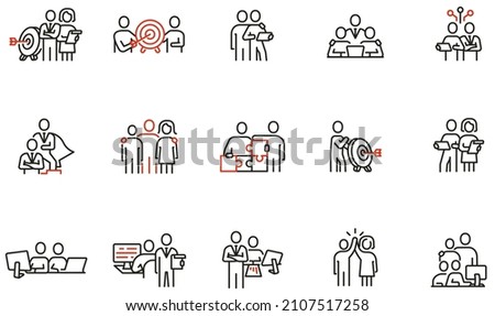 Vector set of linear icons related to business leadership, relationship, human resource management, cooperation and team work. Mono line pictograms and infographics design elements 商業照片 © 