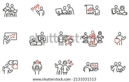 Vector set of linear icons related to business leadership, relationship, human resource management, cooperation and team work. Mono line pictograms and infographics design elements  商業照片 © 