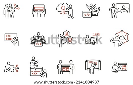 Vector set of linear icons related to engineering development, script coding and programming in javascript and python. Mono line pictograms and infographics design elements 