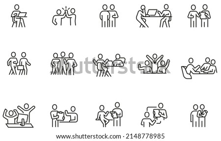 Vector Set of Linear Icons Related to business meeting, discussion, relationship and negotiation. Mono Line Pictograms and Infographics Design Elements