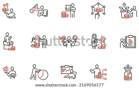 Vector set of linear icons related to finance management, budget allocation and investment strategy. Mono line pictograms and infographics design elements