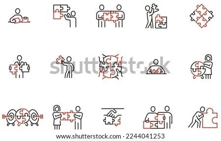 Vector Set of Linear Icons Related to Interaction amd Cooperation, Work with Puzzles. Mono Line Collection Icons and Infographics Design Elements