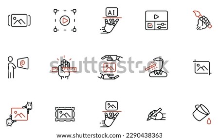 Vector Set of Linear Icons Related to Artificial Intelligence and Neural Network. Image and Video Generation. Mono Line Pictograms and Infographics Design Elements