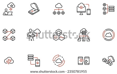 Vector set of linear icons related to network cloud service, cloud storage, data transfer and synchronization. Mono line pictograms and infographics design elements - part 4